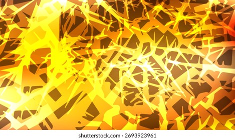 The vibrant graphic features abstract patterns in shades of yellow, orange, and brown, creating a dynamic and energetic visual with geometric shapes and intricate line work