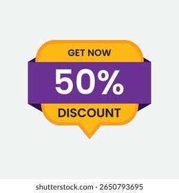 A vibrant graphic featuring a "Get Now 50% Discount" badge with a modern, eye-catching design. The badge has a yellow top section and a purple banner displaying "50%" in large white font, with "DISCOU