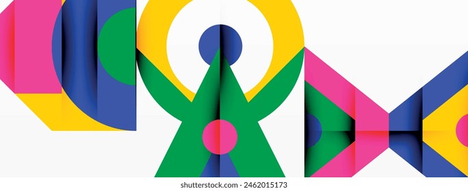 A vibrant graphic featuring a person with arms outstretched in a colorful display of purple, magenta, and geometric shapes like triangles and circles, showcasing creativity and symmetry in art