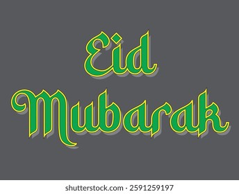 A vibrant graphic featuring the phrase "Eid Mubarak" in stylized lettering against a gray background, celebrating the festive occasion of Eid.