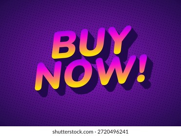 A vibrant graphic featuring the text BUY NOW! in bold, stylized typography. The background is a rich purple with a dotted pattern, creating a modern and eye catching design.