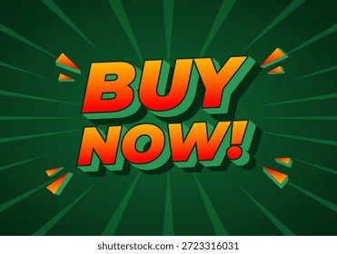 Um gráfico vibrante com o texto COMPRE AGORA! em negrito, letras 3D com um fundo verde e raios dinâmicos que emanam do centro.