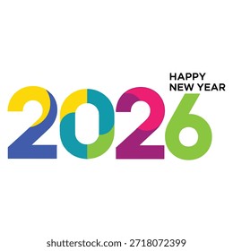 Un gráfico vibrante que presenta el texto 'Feliz año Nuevo 2026' en números y letras audaces y multicolores sobre un fondo blanco puro, perfecto para celebraciones y ocasiones festivas.