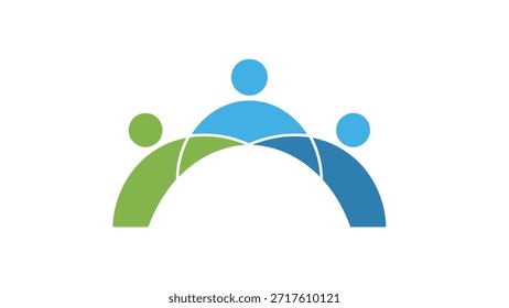 Un gráfico vibrante que presenta tres figuras humanas abstractas en azul y verde, interconectadas para formar un arco de apoyo, que representa la unidad, el trabajo en equipo y las redes sociales.