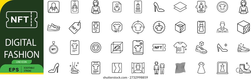 Un gráfico vibrante con las palabras 'digit' y 'fashion' con Elementos de iconos de línea.