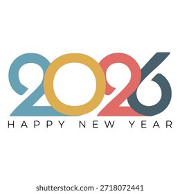 Un gráfico vibrante que presenta el año 2026 en números Grandes y coloridos con texto de Feliz Año Nuevo en un estilo moderno y festivo sobre un fondo blanco