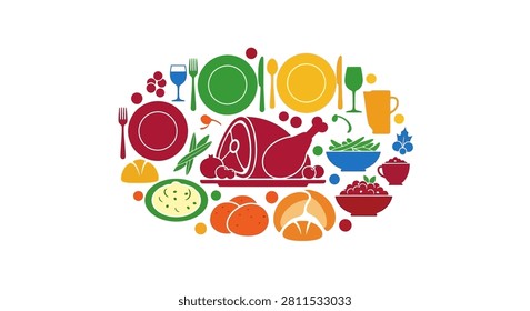 A vibrant graphic illustration featuring a festive Thanksgiving dinner arrangement with roasted turkey plates glasses vegetables and traditional holiday food items