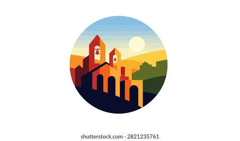 A vibrant graphic illustration of an old colonial style mission church featuring two bell towers and arched architecture in a warm color palette
