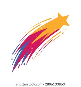 A vibrant graphic illustration of a shooting star with a colorful blazing tail against white background.