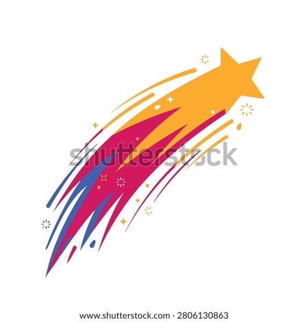 A vibrant graphic illustration of a shooting star with a colorful blazing tail against white background.