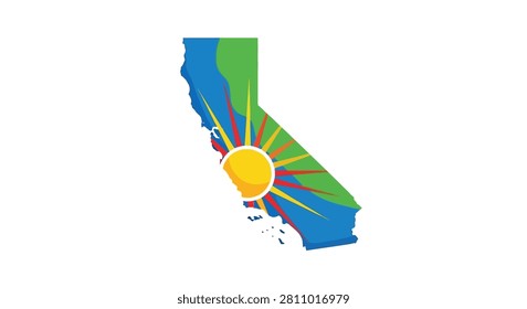 A vibrant graphic illustration of the state of California with a stylized sun icon featuring radiating beams on a colorful map background