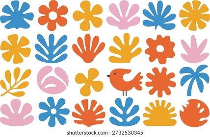 A vibrant graphic pattern features various stylized plants, flowers, and a charming bird in a playful, retro color palette.