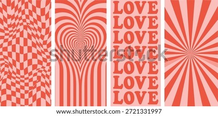 Vibrant graphic patterns optical illusions, checkerboard, romantic heart, and repeating love text in red and pink for modern backgrounds