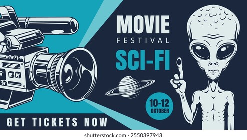 Eine lebendige Grafik, die ein Science-Fiction-Filmfestival mit einem außerirdischen Charakter und einer Kamera bewirbt. Die Veranstaltung lädt Fans ein, Science-Fiction-Filme zu feiern.