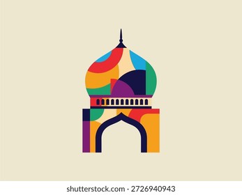 Representação gráfica vibrante de elementos arquitetônicos com cúpula e arco