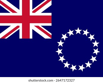 Uma representação gráfica vibrante da bandeira nacional das Ilhas Cook, com um campo azul com a Union Jack no cantão e treze estrelas brancas dispostas em círculo, 