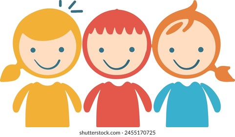A vibrant graphic showcasing three cartoon children icons with beaming smiles, adorned in primary colors, representing joy and simplicity.
