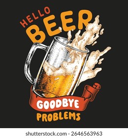 Um gráfico vibrante mostra uma caneca de cerveja espumosa com respingos simbolizando momentos de relaxamento e despreocupação. Ela transmite uma atitude de coração leve em relação à vida e ao alívio do estresse.