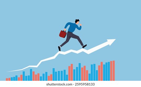 Vibrant graphic of a strong businessman jumping on an upward-trending graph with a briefcase, symbolizing business challenge, revenue rebound, and recovery from economic crisis. 