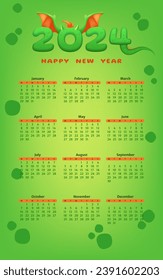 A vibrant green 2024 calendar template with a dragon theme, featuring months, days, and Chinese zodiac. The design blends abstract fun elements with children motifs. Not AI generated.