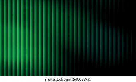 A vibrant green abstract background featuring vertical lines and a gradient lighting effect. Perfect for modern designs, presentations, and digital displays. Texture and pattern included.