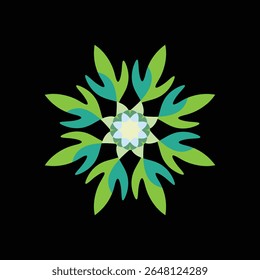 Design abstrato verde vibrante com simetria radial e elementos em forma de folha no plano de fundo preto