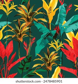 Vibrant green abstract garden banana leaves with floral illustration seamless pattern repeat print textile fabric vector artwork