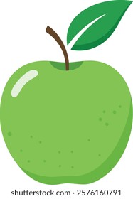 A vibrant green apple illustration with a smooth surface, subtle speckles, a brown stem, and a fresh green leaf, representing health and freshness
