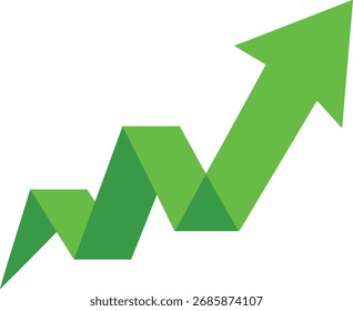 Ein lebhafter grüner Pfeil bildet eine gezackte Trendlinie nach oben, die für positives Wachstum, Fortschritt und zunehmenden Erfolg bei Unternehmens- oder Finanzkennzahlen steht. Visualisierung des Fortschritts.