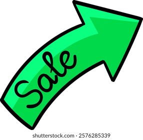 A vibrant green arrow pointing upward featuring handwritten-style "Sale" text in black, symbolizing growth and promotions