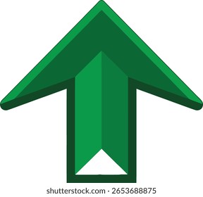 A vibrant green arrow pointing upwards with a dark green outline and shadow effect