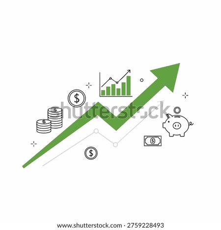A vibrant green arrow points upward, symbolizing financial growth and prosperity, surrounded by coins, bills, a chart, and a piggy bank on a white background.