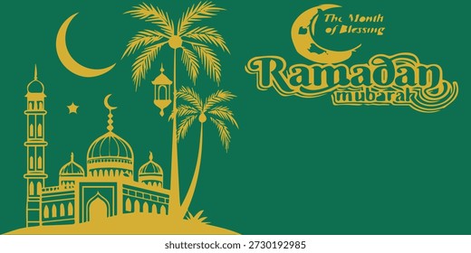 Um fundo verde vibrante apresenta uma ilustração dourada de uma mesquita com um minarete, cercada por palmeiras e uma lanterna pendurada. Uma lua crescente e estrelas são visíveis no céu, com o texto Ramadã O Mês da Bênção Mubarak elegantemente exibido.