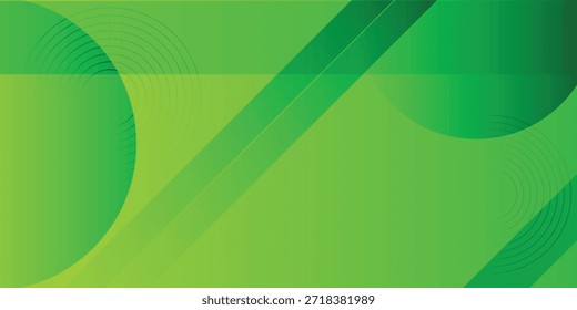 A vibrant green background featuring a dynamic composition of abstract geometric shapes, including circles and diagonal lines, creating a modern and energetic visual.