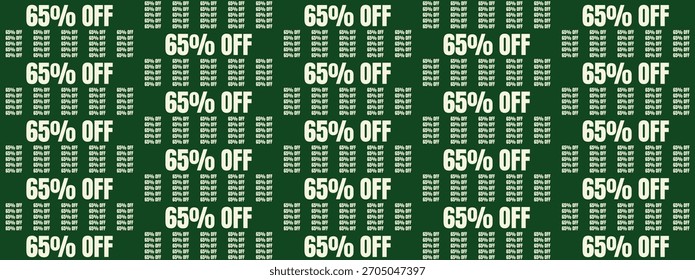 Vibrant green background with repeating 65% OFF discount promotion sale pattern for retail marketing
