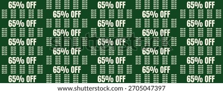 Vibrant green background with repeating 65% OFF discount promotion sale pattern for retail marketing
