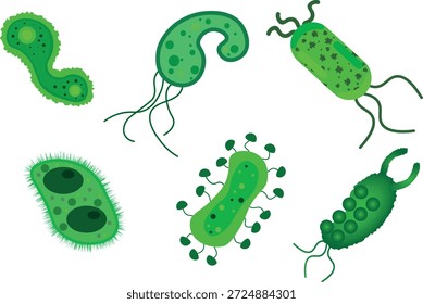 Ilustraciones de bacterias verdes vibrantes adecuadas para materiales educativos, blogs científicos, temas médicos y visuales de biología amigables para niños. Los diseños brillantes y juguetones transmiten curiosidad, aprendizaje y exploración científica.
