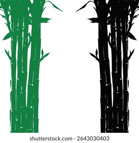 Vibrant green bamboo stalks create a lush, symmetrical frame against a clean white background. Perfect for design projects needing a natural, tranquil element.