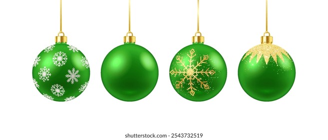 Vibrant green baubles with snowflakes patterns realistic color icons set. New Year tree glossy ornaments 3d objects illustrations on white