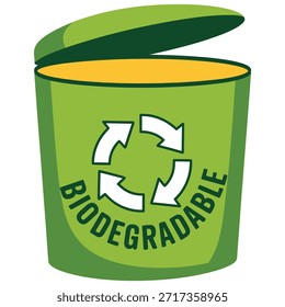 Cubo de basura biodegradable verde vibrante con una tapa abierta que presenta un símbolo de reciclaje prominente para la eliminación ecoconsciente