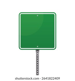A vibrant green, blank sign with white trim stands ready for customization on a speckled metal pole. The clean design offers a template for directions or information.