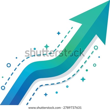 A vibrant green and blue arrow ascends diagonally, representing progress, development, and positive trends. Dotted lines and small starbursts add a dynamic feel.