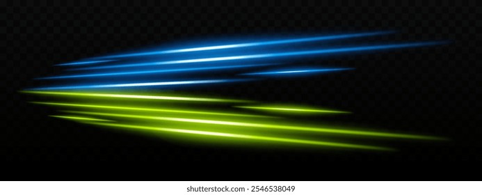 Vibrantes rayas de luz verde y azul sobre un fondo oscuro, ideal para efectos dinámicos de ciencia ficción, velocidad o diseño de movimiento.