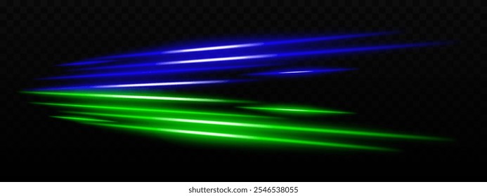 Vibrantes rayas de luz verde y azul sobre un fondo oscuro, ideal para efectos dinámicos de ciencia ficción, velocidad o diseño de movimiento.