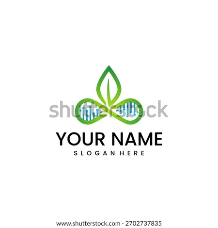 A vibrant green and blue logo combining a leaf, an infinity symbol, DNA, and data lines, with placeholder text 'YOUR NAME SLOGAN HERE'.