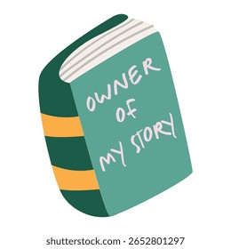 Um livro verde vibrante, adornado com uma risca amarela arrojada, apresenta o título empoderador "PROPRIETÁRIO DA MINHA HISTÓRIA" em letras rosa-claro lúdicas. Livro clipart. Autonomia de vetor de ícones e jornada