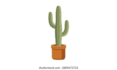 Vibrant green cactus with multiple arms in a clay pot set against a neutral background, showcasing desert plant growth and indoor gardening appeal