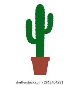 A vibrant green cactus plant in a simple brown pot, isolated on a white background, showcasing desert flora and succulent characteristics.