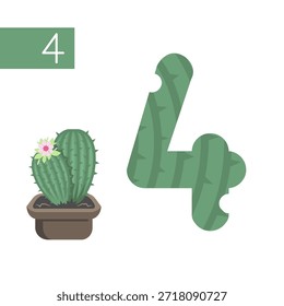 Un cactus verde vibrante con forma del número cuatro, colocado en una maceta marrón con una flor floreciente en la parte superior, sobre un fondo blanco.