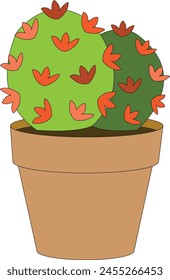 Ein lebendiger grüner Kaktus mit kleinen, dunkelgrünen Spikes, in einem braunen Topf untergebracht. Es ist oben mit drei leuchtend gelben Blumen geschmückt, die der Illustration einen lebendigen Touch verleihen